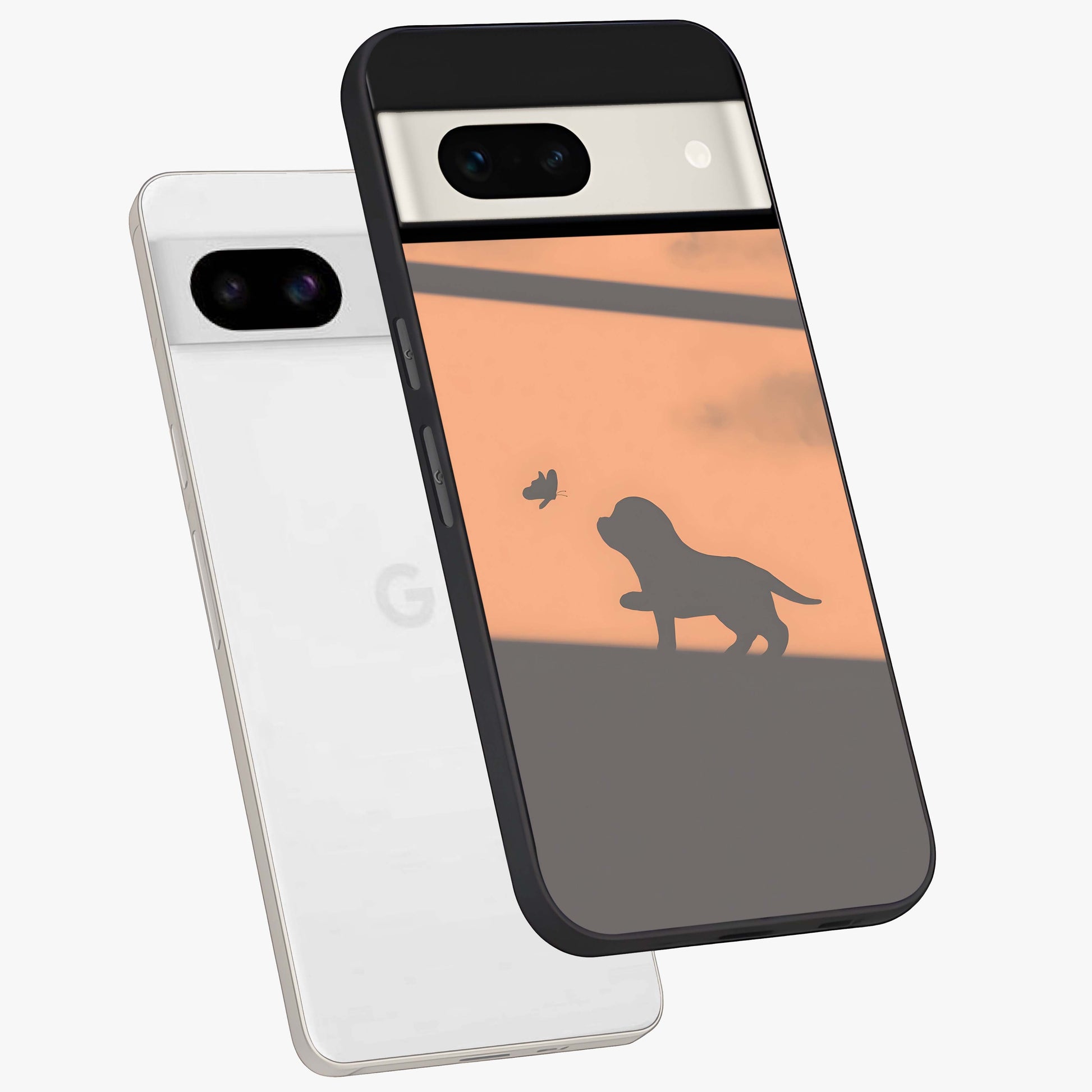 Puppy Shadow Art Glass Case displayed in angled mockup highlighting playful dog illustration with artistic shadow aesthetic.