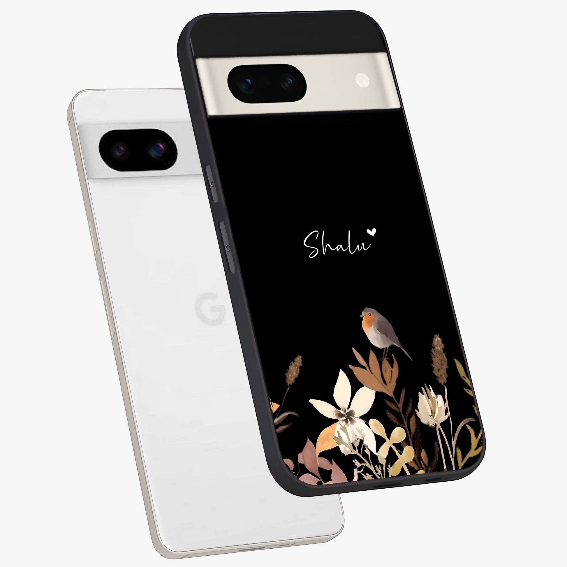 Quiet Garden Tune Custom Name Glass Case displayed in angled mockup highlighting delicate floral garden design with custom name feature.