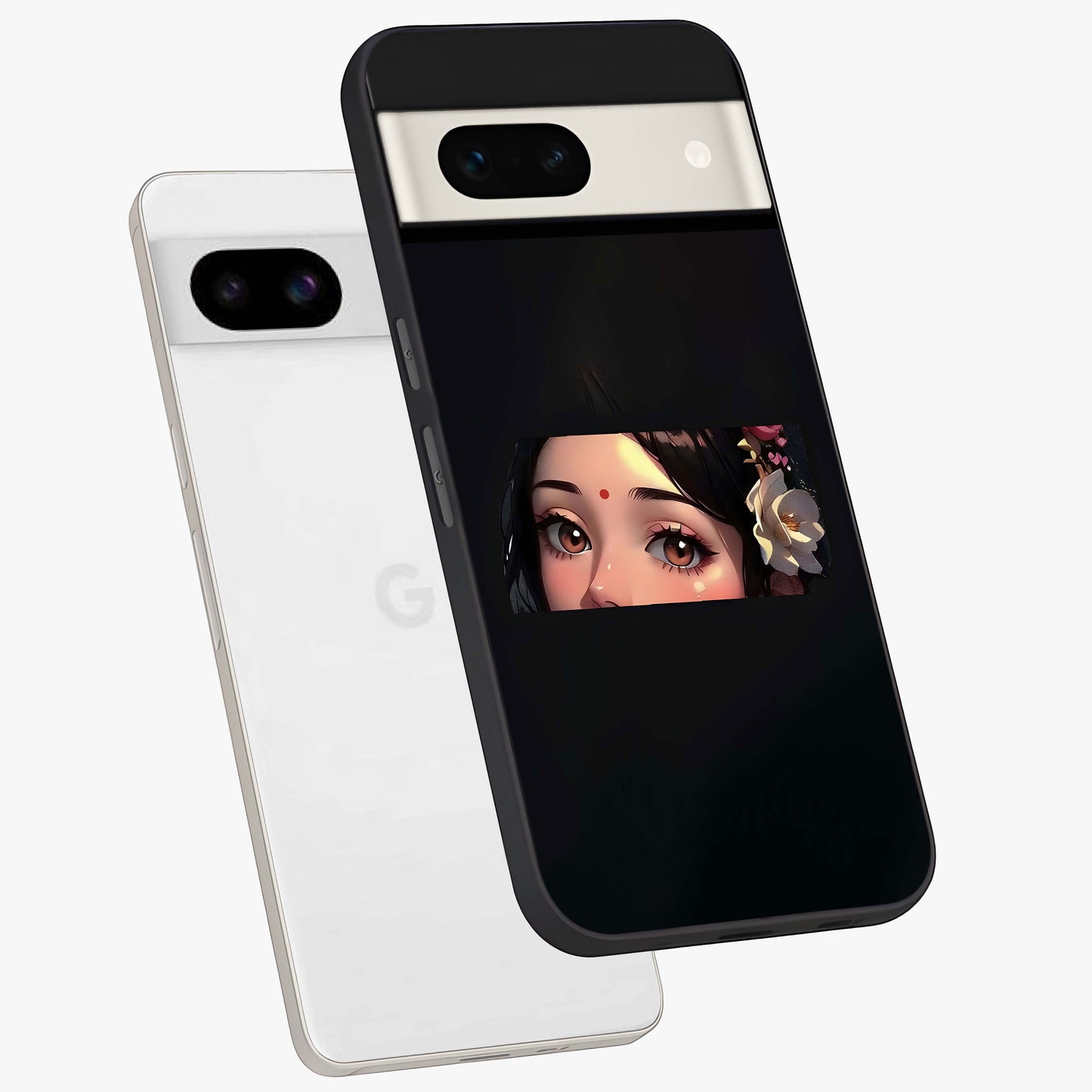 Radha Divine Embrace Glass Case displayed in angled mockup highlighting graceful spiritual illustration with divine aesthetic.