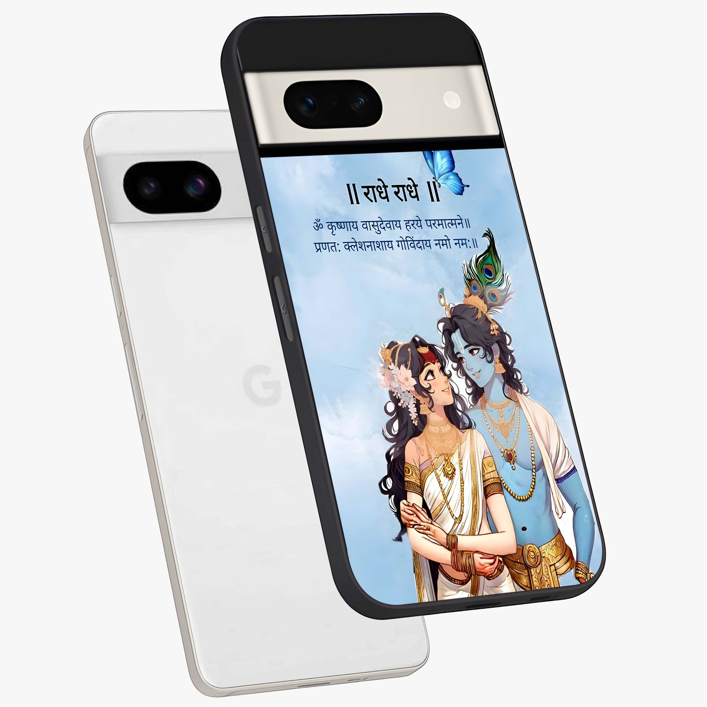 Radha Krishna Eternal Glass Case displayed in angled mockup highlighting divine Radha Krishna illustration with spiritual aesthetic.