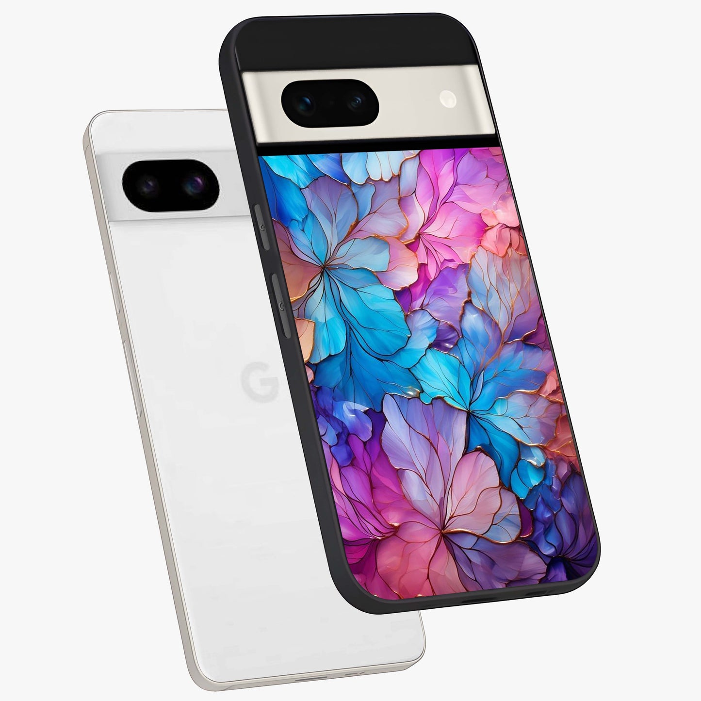 Radiant Floral Whirl Glass Case displayed in angled mockup highlighting vibrant flower pattern with dynamic artistic aesthetic.