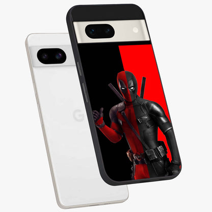 Red & Black Deadpool Theme Glass Case displayed in angled mockup highlighting vibrant superhero style illustration with action aesthetic.