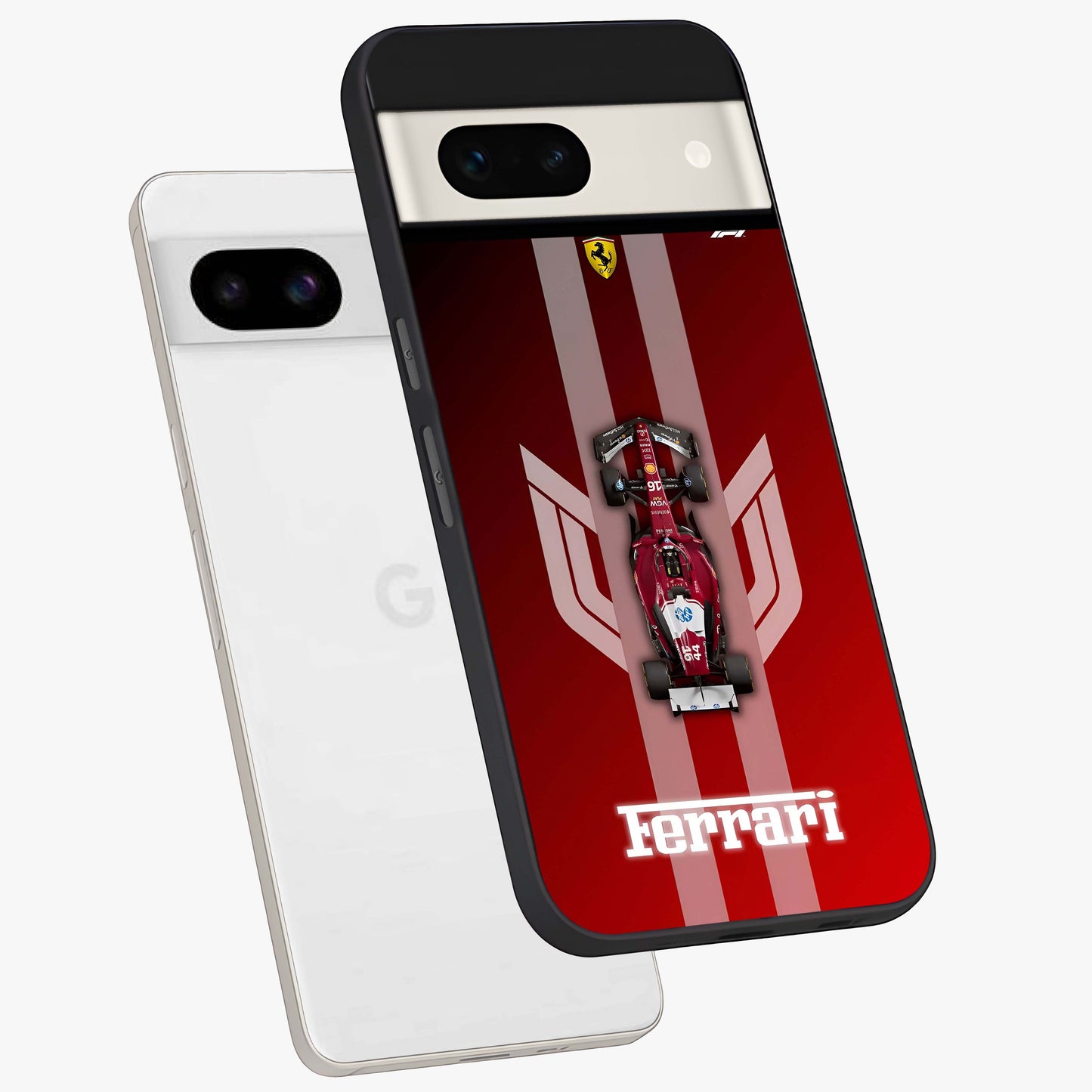 Red Ferrari F1 Vertical Glass Case displayed in angled mockup highlighting high speed racing design with bold automotive aesthetic.
