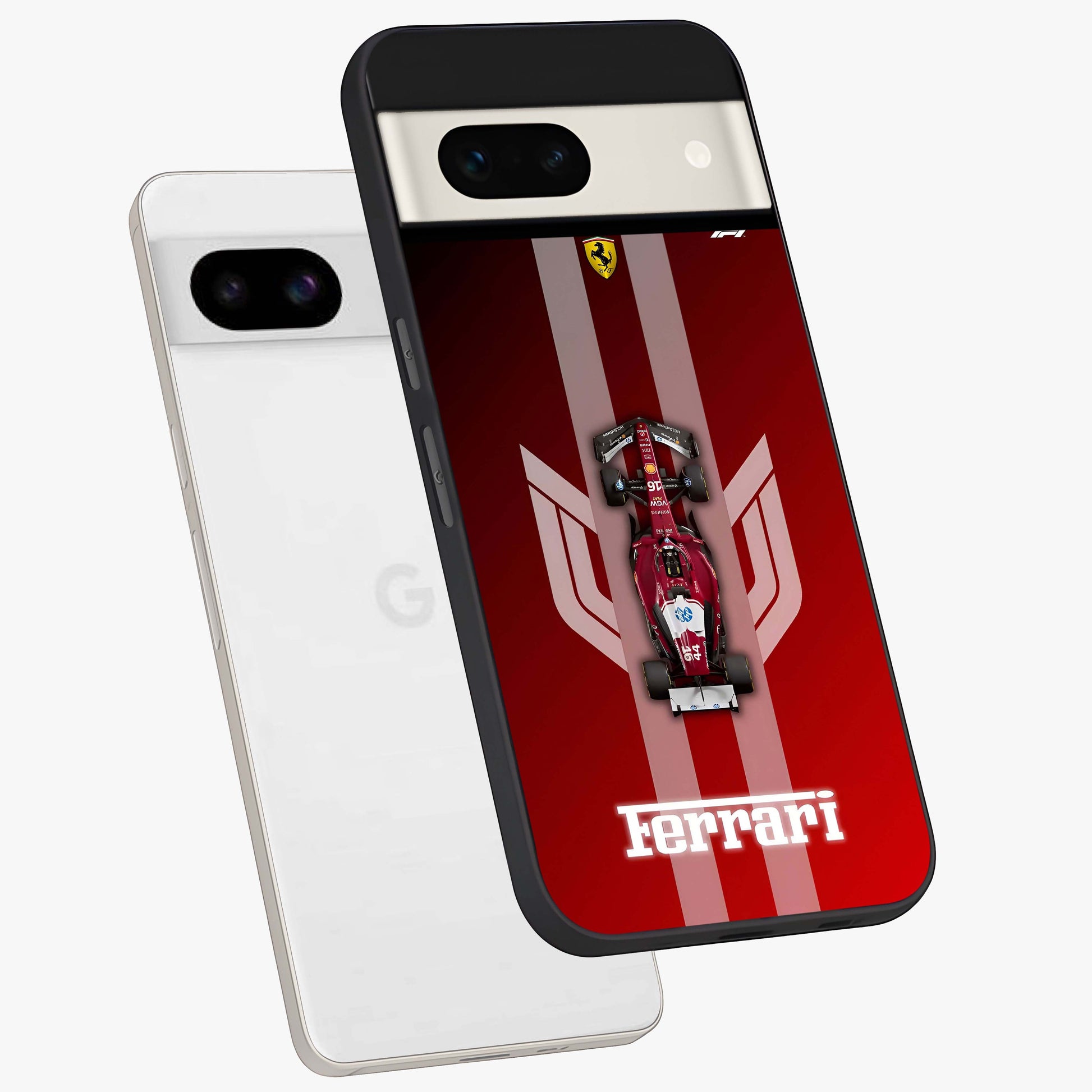 Red Ferrari F1 Vertical Glass Case displayed in angled mockup highlighting high speed racing design with bold automotive aesthetic.