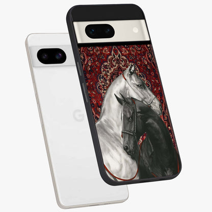 Regal Stallion Tapestry Glass Case displayed in angled mockup highlighting royal stallion design with decorative heritage aesthetic.