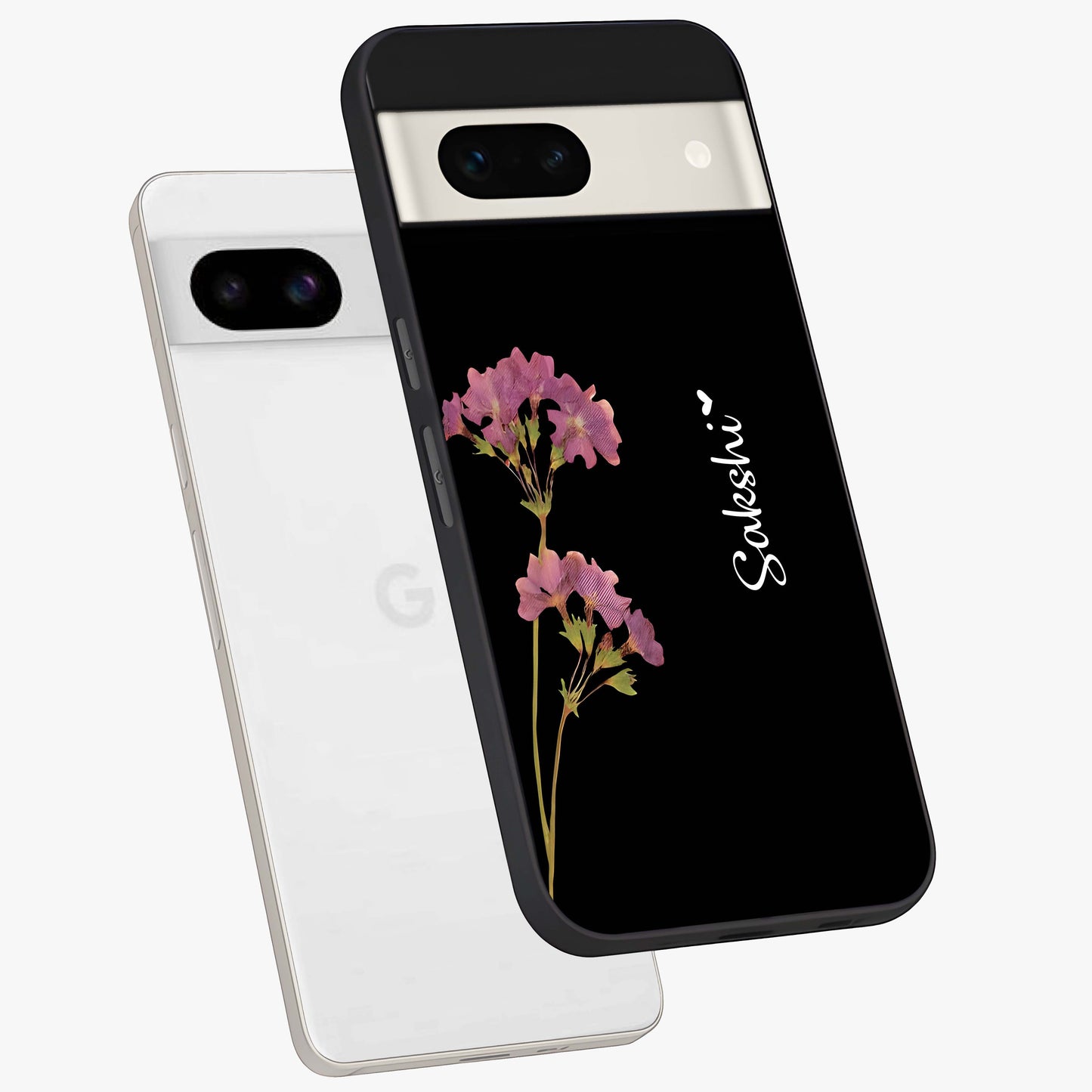 Riching Lavender Flower Custom Name Glass Case displayed in angled mockup highlighting delicate lavender flower design with custom name feature.
