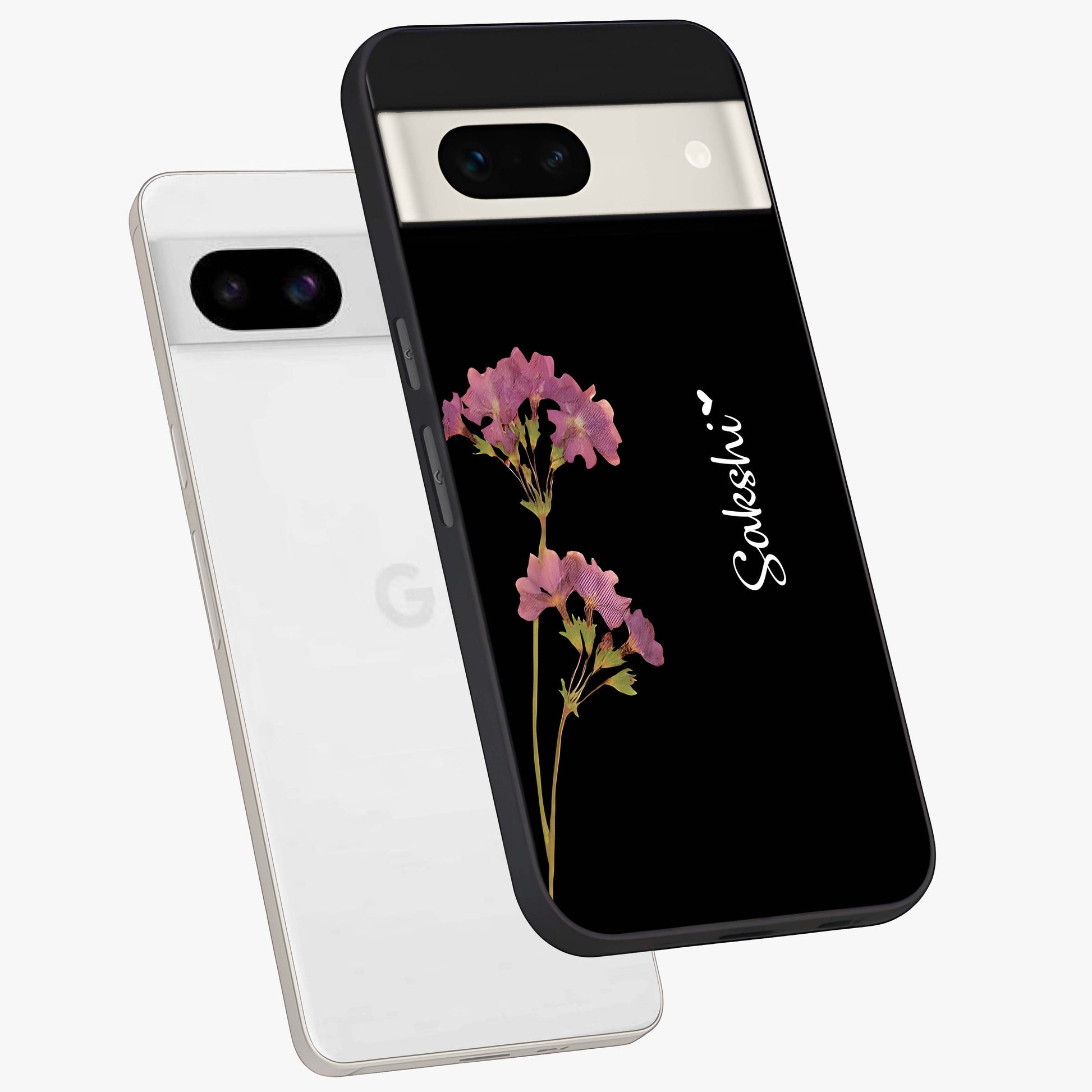 Riching Lavender Flower Custom Name Glass Case displayed in angled mockup highlighting delicate lavender flower design with custom name feature.