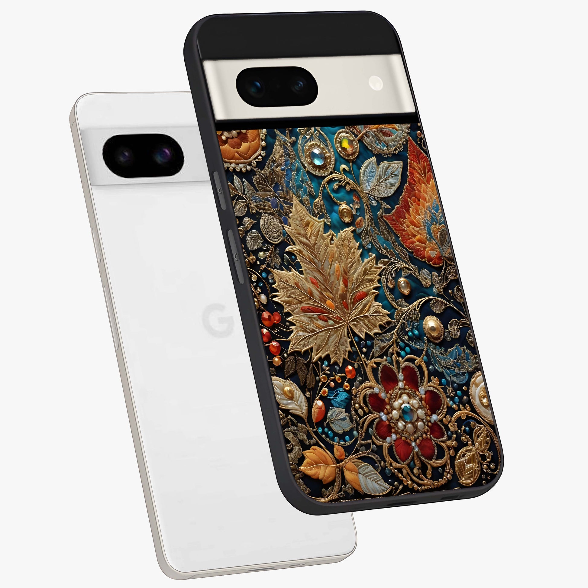 Royal Jewel Garden Glass Case displayed in angled mockup highlighting vibrant jewel inspired floral design with elegant aesthetic.