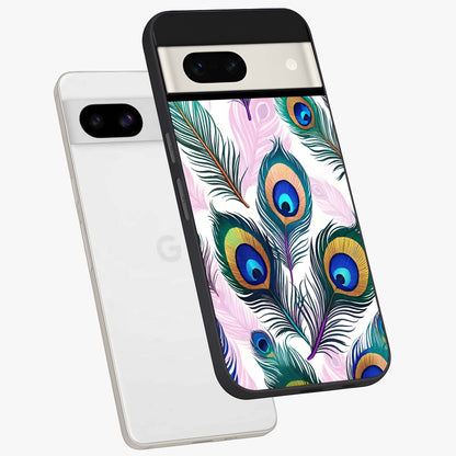 Royal Peacock Feathers Glass Case displayed in angled mockup highlighting vibrant feather pattern with regal aesthetic style.