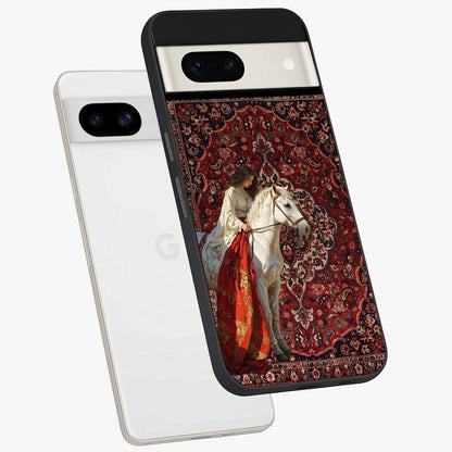 Royal Rider Tapestry Glass Case displayed in angled mockup highlighting traditional tapestry design with royal heritage aesthetic.