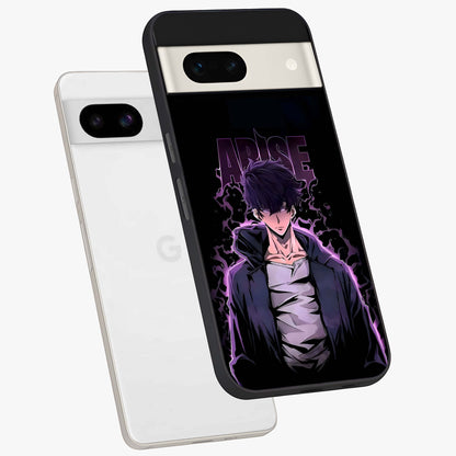 Shadow Monarch Awakening Glass Case displayed in angled mockup highlighting dramatic shadow warrior design with fantasy aesthetic.