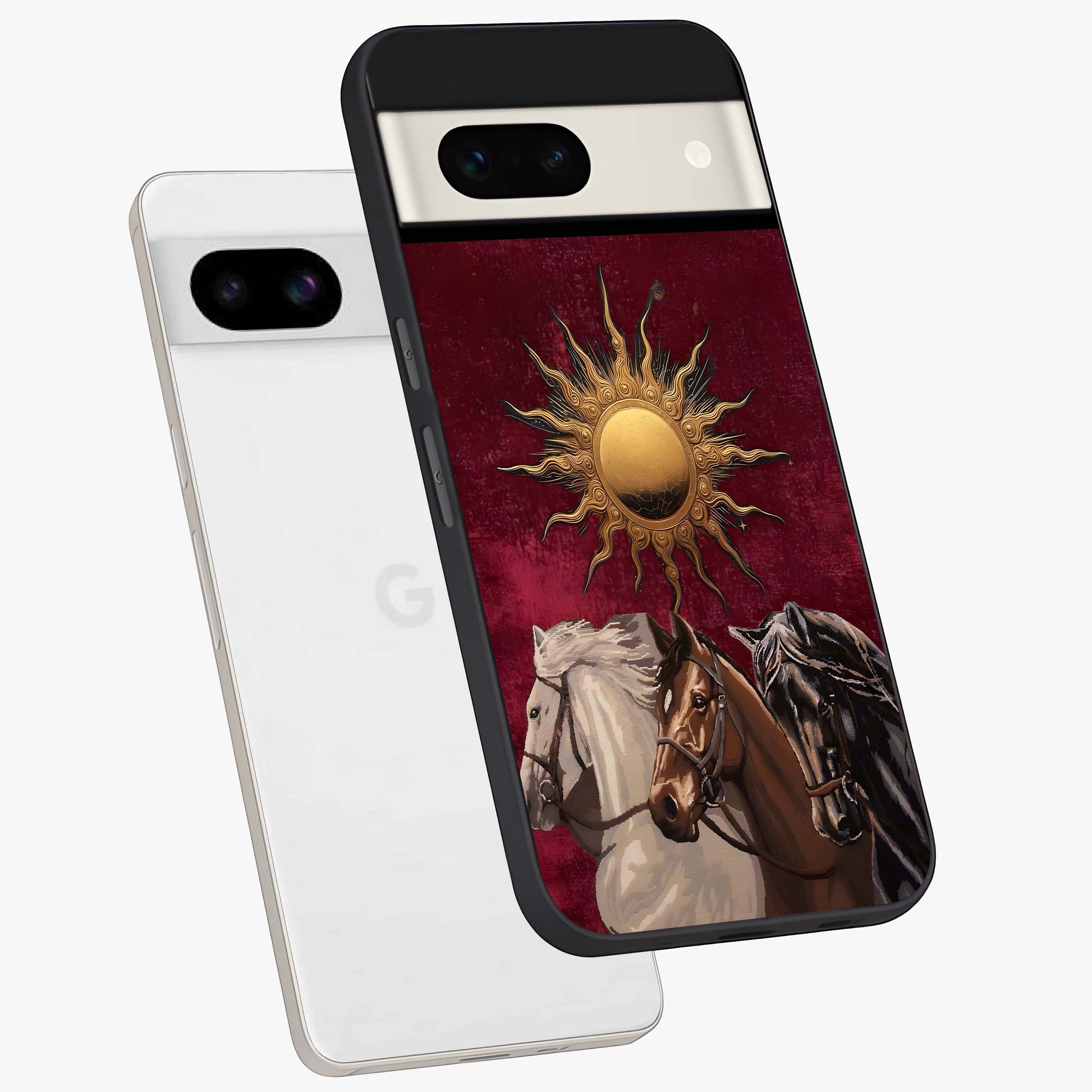 Solar Riders Glass Case displayed in angled mockup highlighting powerful rider illustration with radiant solar aesthetic.