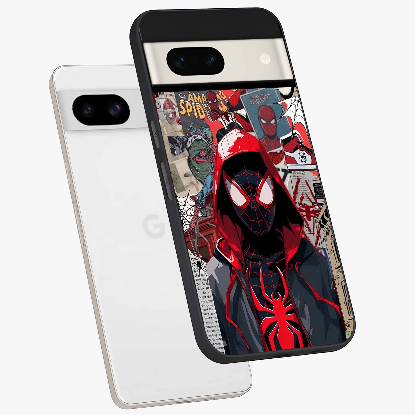 Spider Collage Street Glass Case displayed in angled mockup highlighting dynamic street style collage design with comic aesthetic.