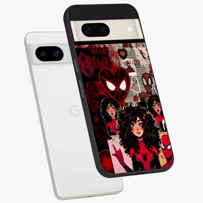 Spider Love Story Glass Case displayed in angled mockup highlighting expressive comic inspired design with playful aesthetic.