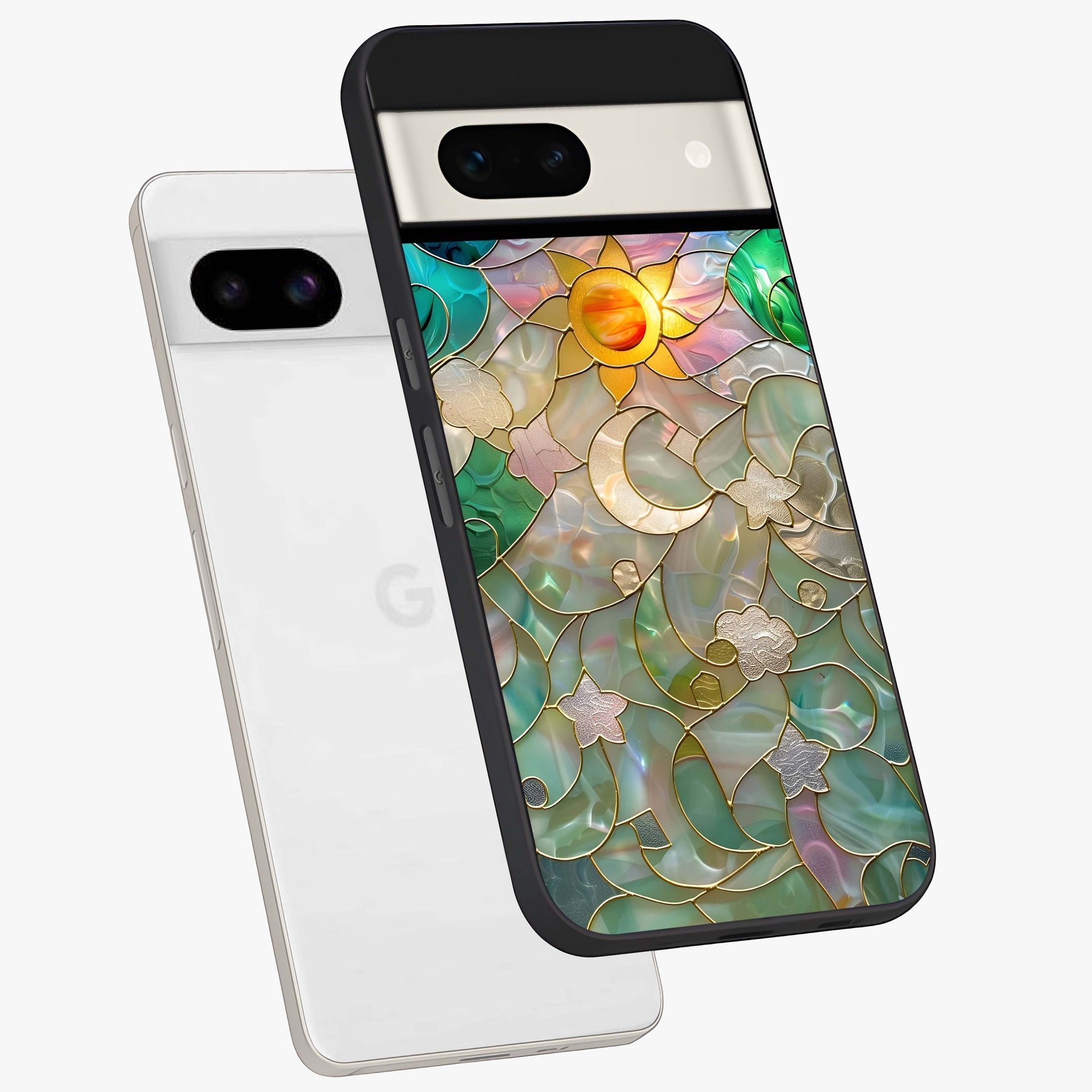 Stained Sunrise Glow Glass Case displayed in angled mockup highlighting radiant sunrise design with artistic aesthetic style.