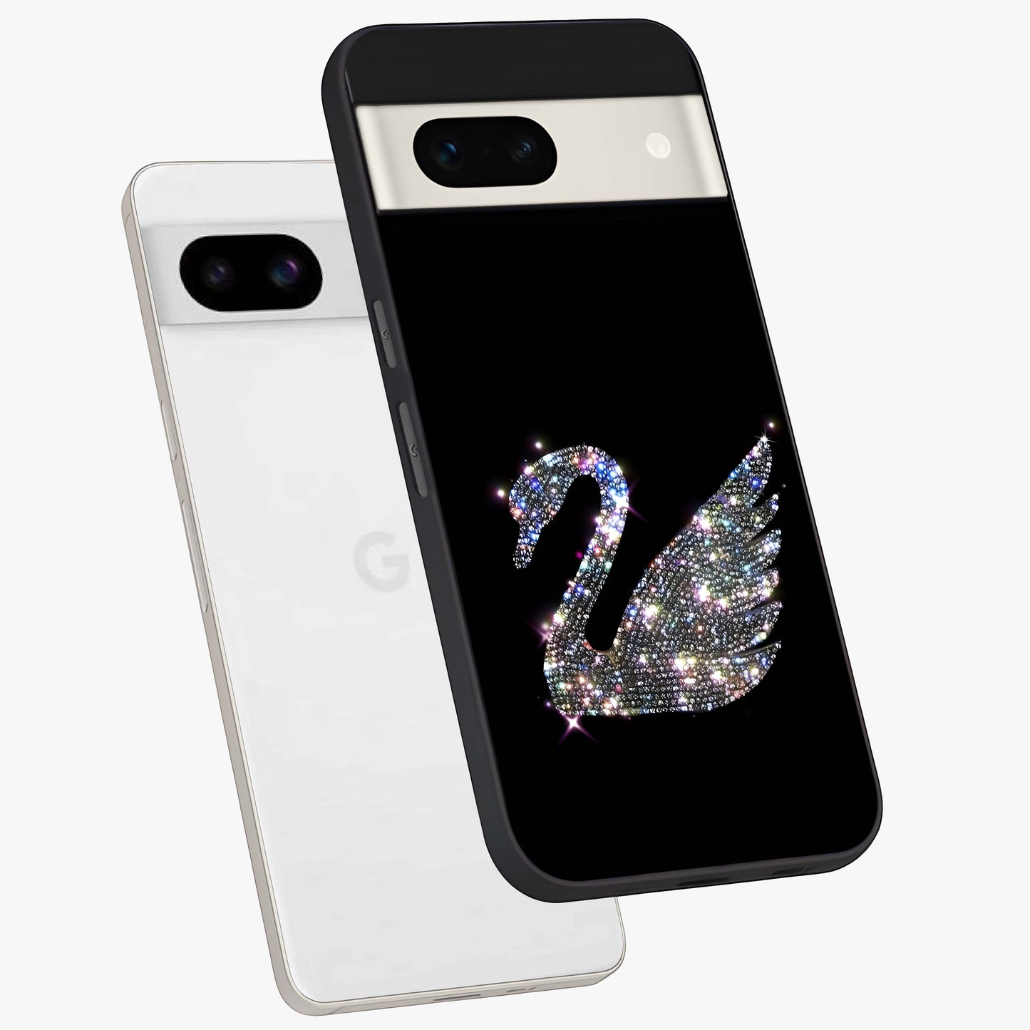Starlit Swan Grace Glass Case displayed in angled mockup highlighting elegant swan illustration with dreamy celestial aesthetic.