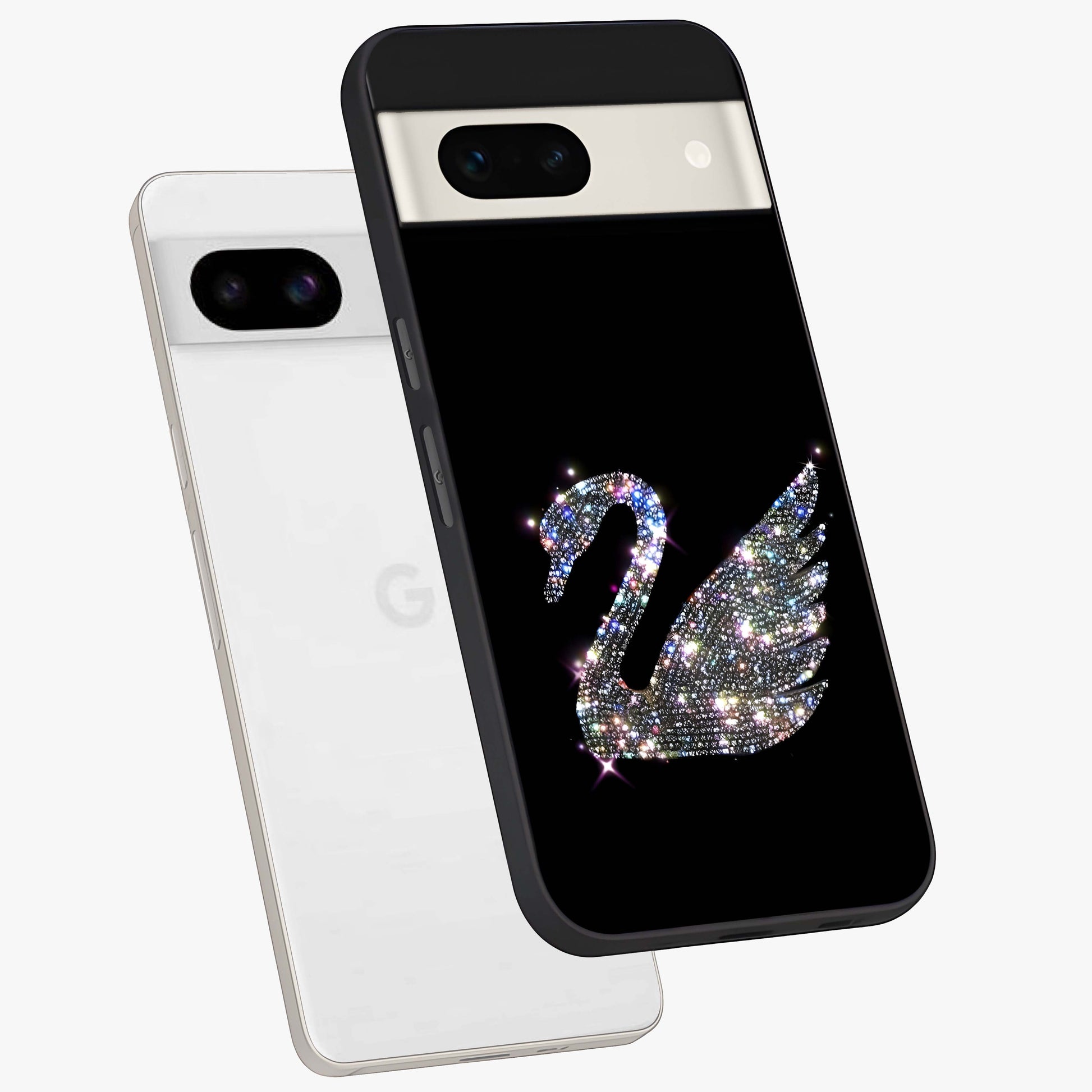 Starlit Swan Grace Glass Case displayed in angled mockup highlighting elegant swan illustration with dreamy celestial aesthetic.
