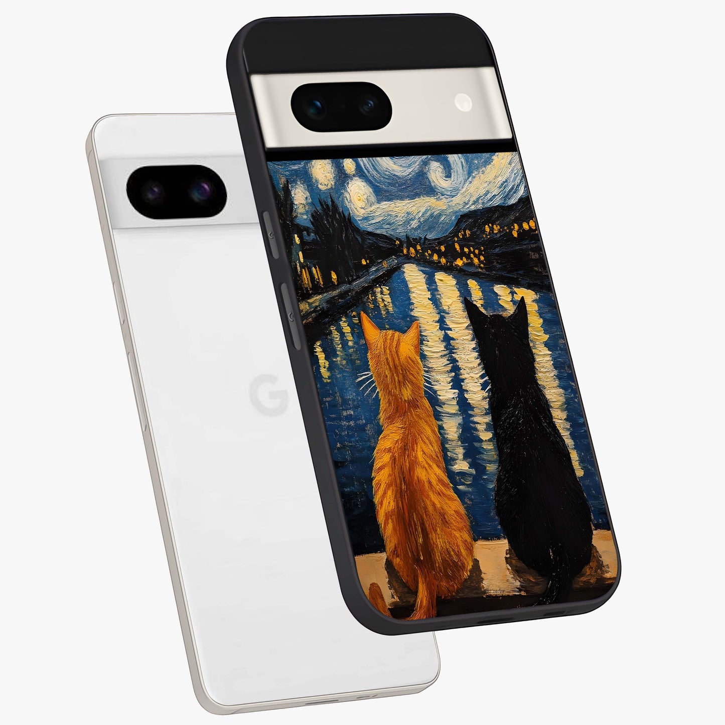 Starry River Cats Glass Case displayed in angled mockup highlighting charming feline illustration with dreamy night aesthetic.