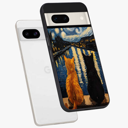 Starry River Cats Glass Case displayed in angled mockup highlighting charming feline illustration with dreamy night aesthetic.