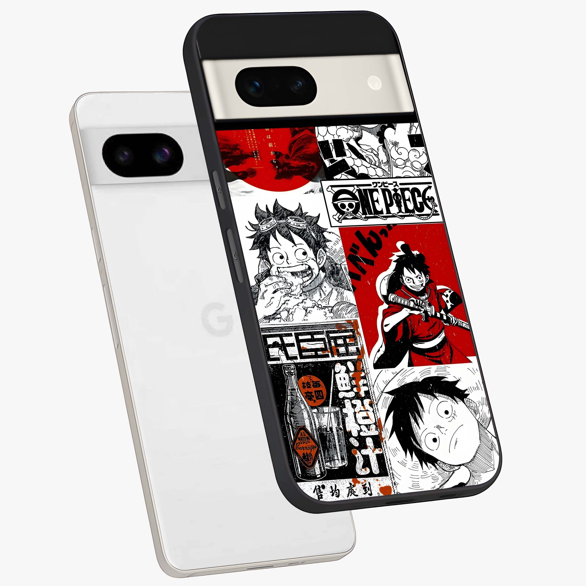 Strawhat Chaos Panels Glass Case displayed in angled mockup highlighting vibrant anime collage design with action aesthetic.