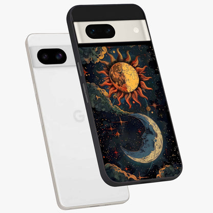 Sun And Moon Magic Design Glass Case displayed in angled mockup highlighting celestial design with magical cosmic aesthetic.