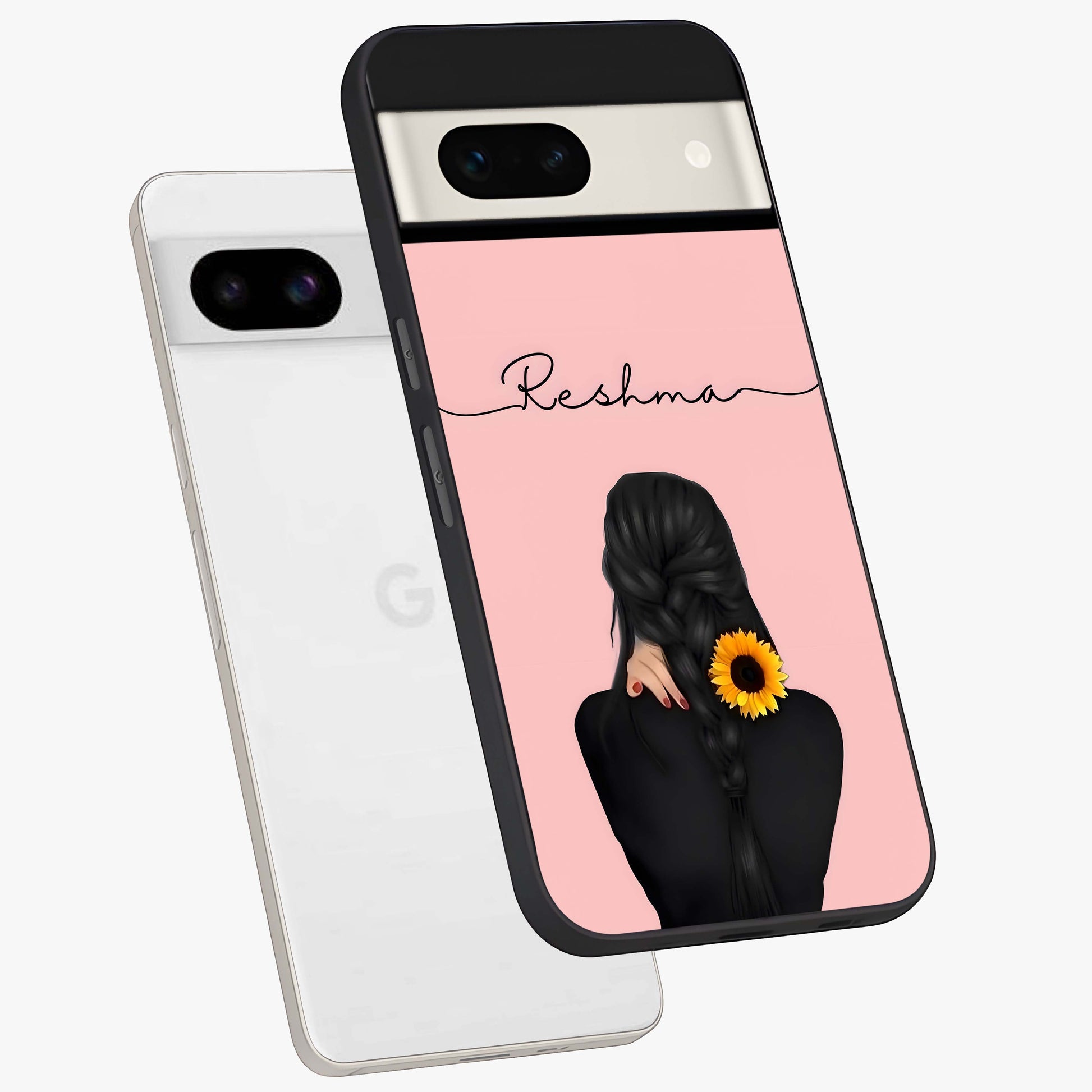 Sunflower Braid Beauty With Custom Name Glass Case displayed in angled mockup highlighting elegant sunflower design with custom name feature.
