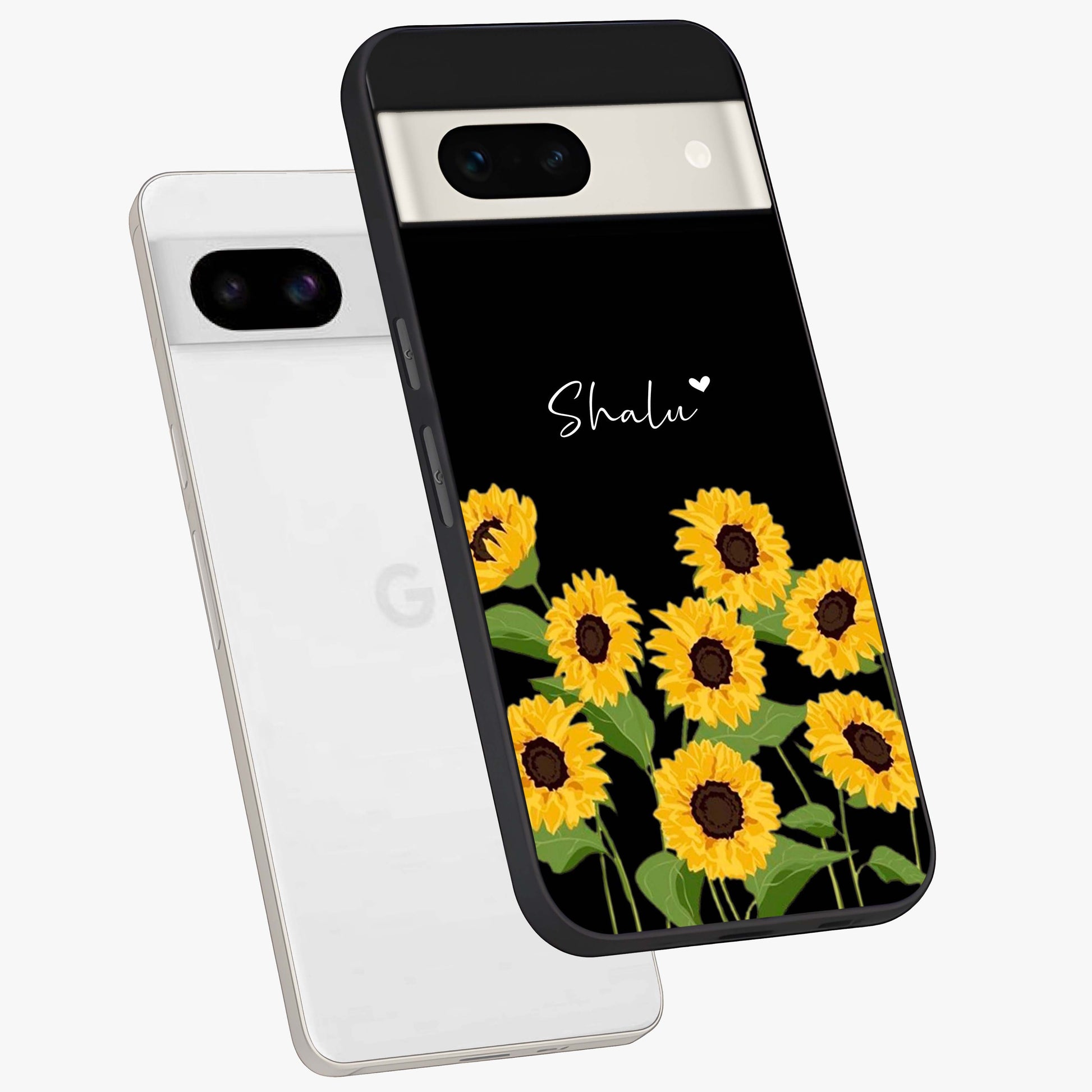 Sunflower Chic Mood Custom Name Glass Case displayed in angled mockup highlighting vibrant sunflower design with custom name feature.
