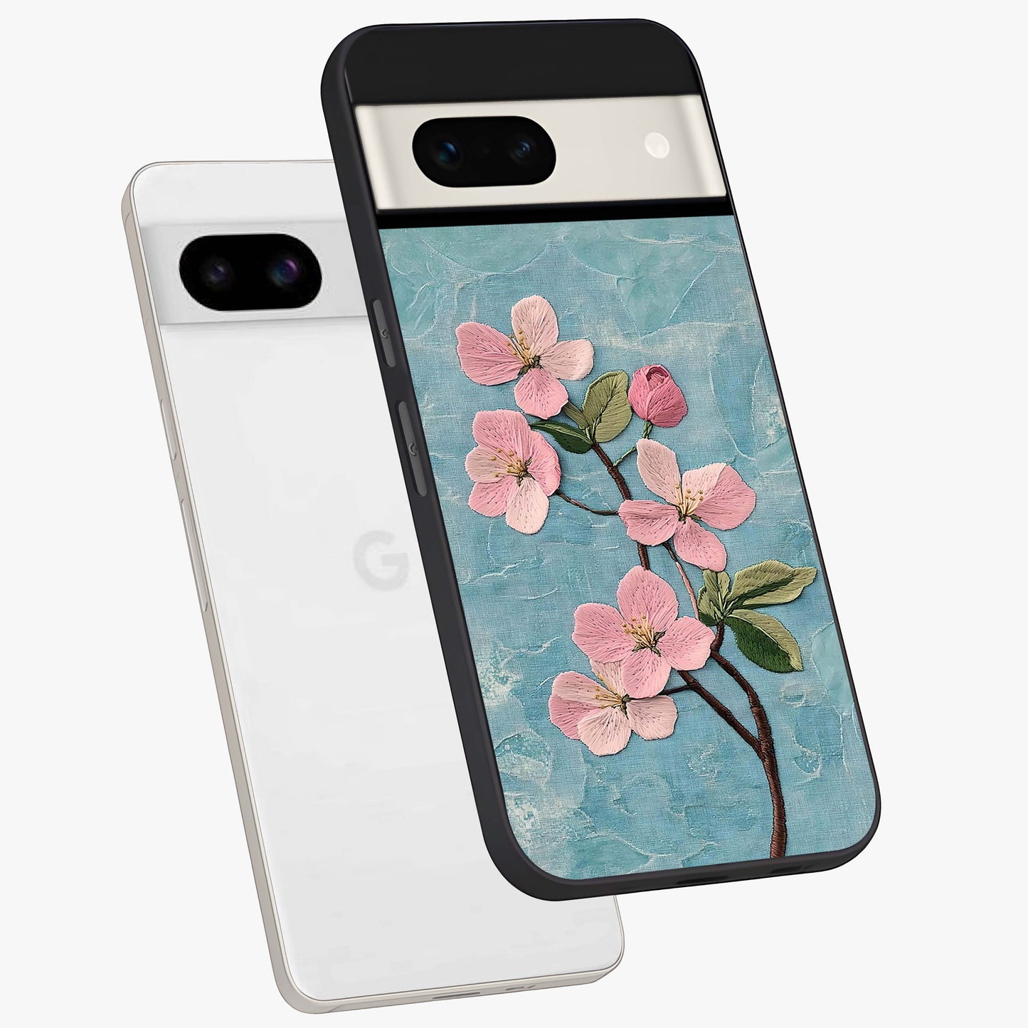 Threaded Blossom Breeze Glass Case displayed in angled mockup highlighting elegant floral design with soft aesthetic style.