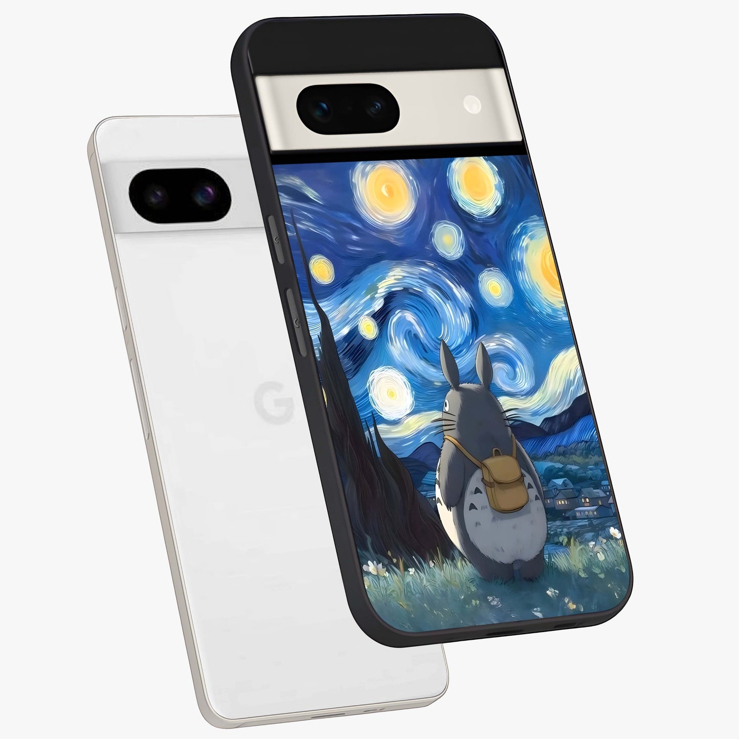 Totoro In Van Gogh Art Glass Case displayed in angled mockup highlighting artistic swirling sky design with playful animation aesthetic.