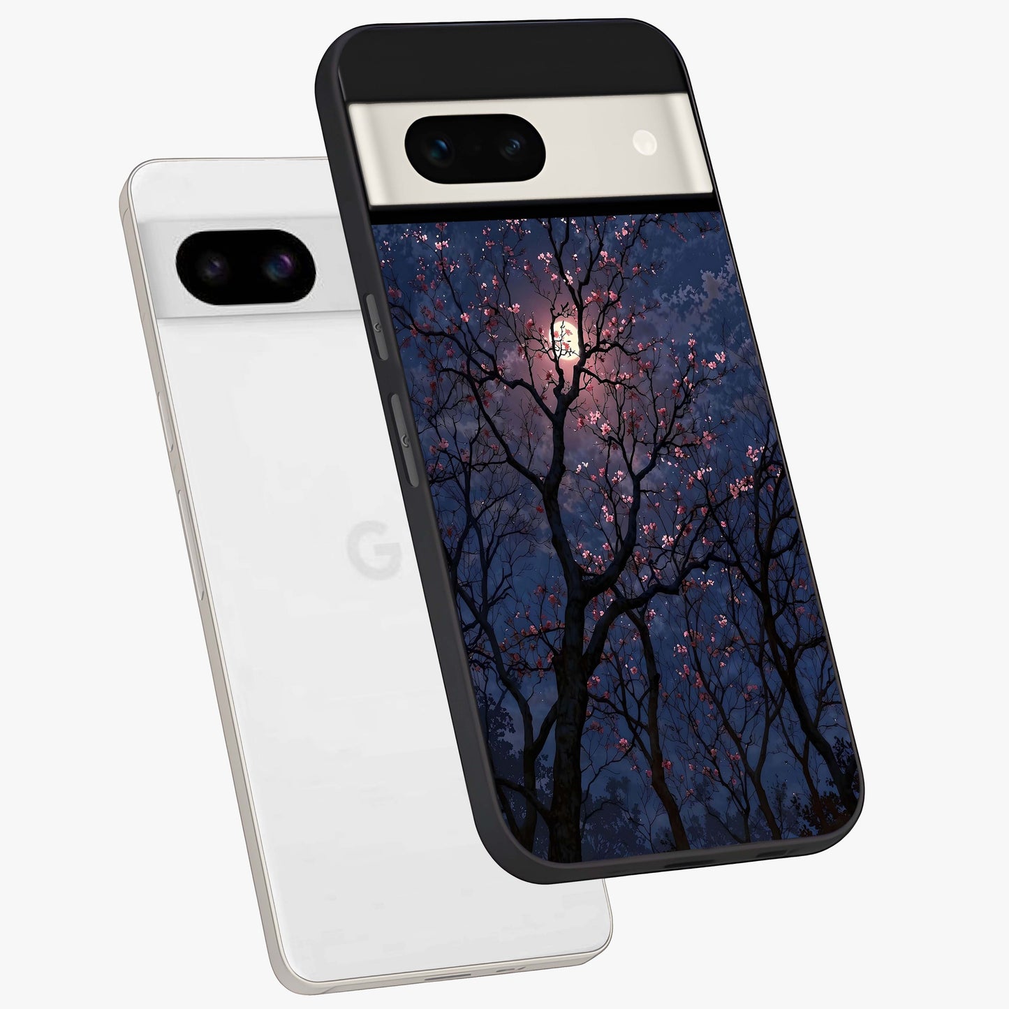 Twilight Sakura Serenade Glass Case displayed in angled mockup highlighting delicate sakura flower design with dreamy aesthetic.
