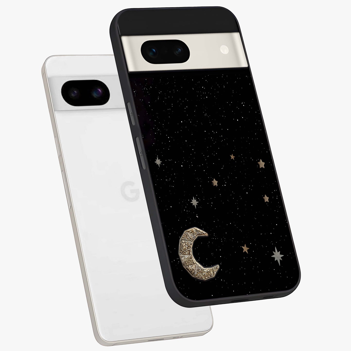 Twinkle Star With Half Moon Glass Case displayed in angled mockup highlighting celestial moon and star design with magical aesthetic.