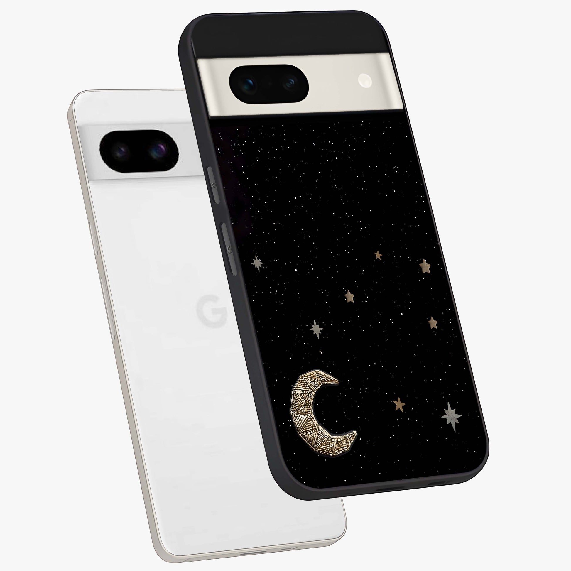 Twinkle Star With Half Moon Glass Case displayed in angled mockup highlighting celestial moon and star design with magical aesthetic.