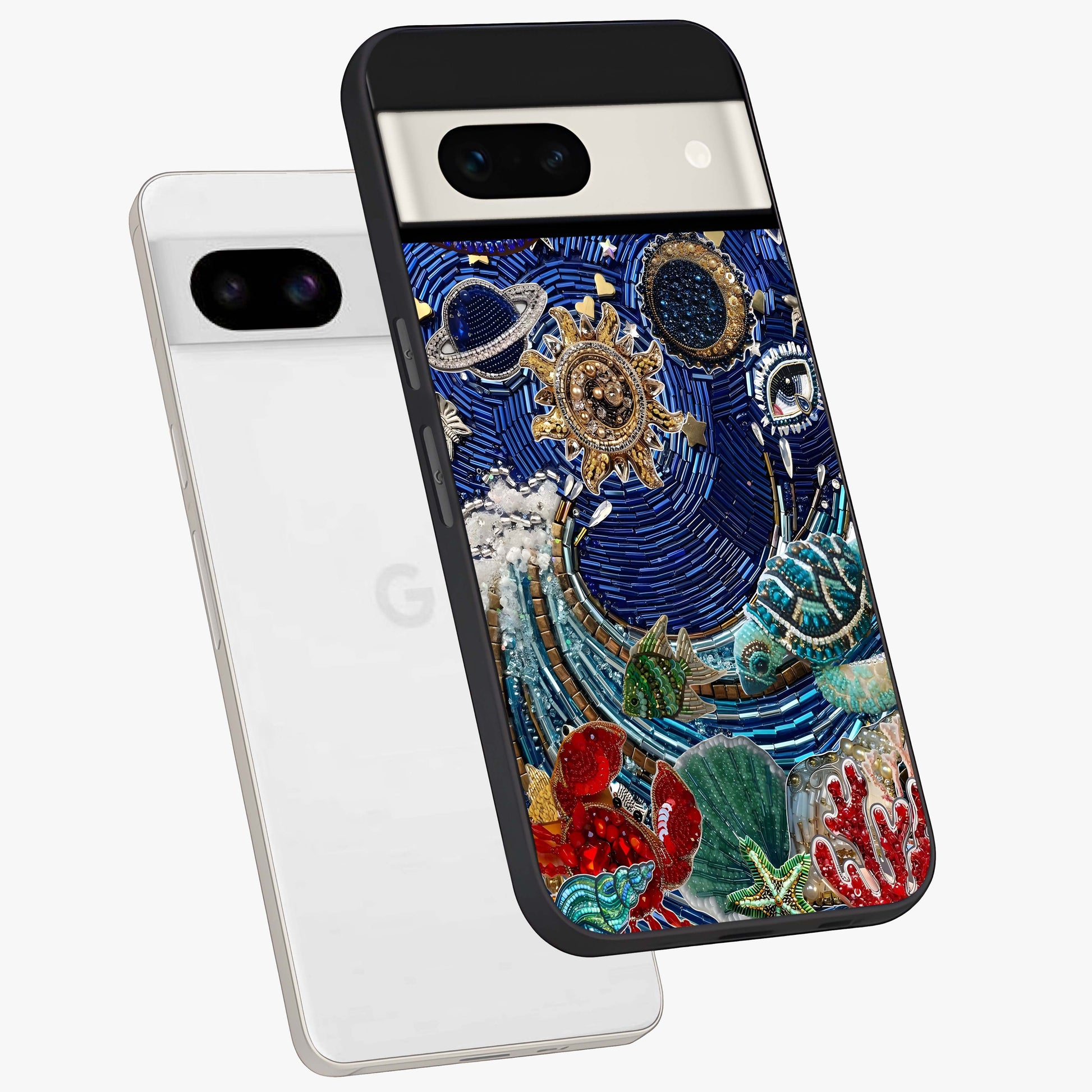 Universe Underwater Spark Glass Case displayed in angled mockup highlighting glowing aquatic design with celestial aesthetic.