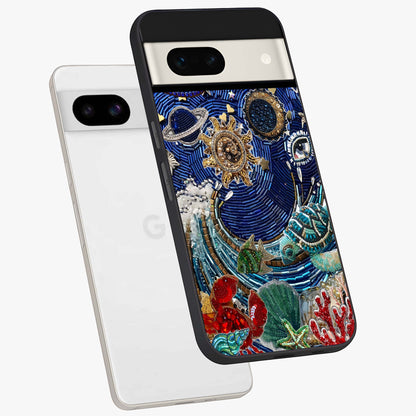 Universe Underwater Spark Glass Case displayed in angled mockup highlighting glowing aquatic design with celestial aesthetic.