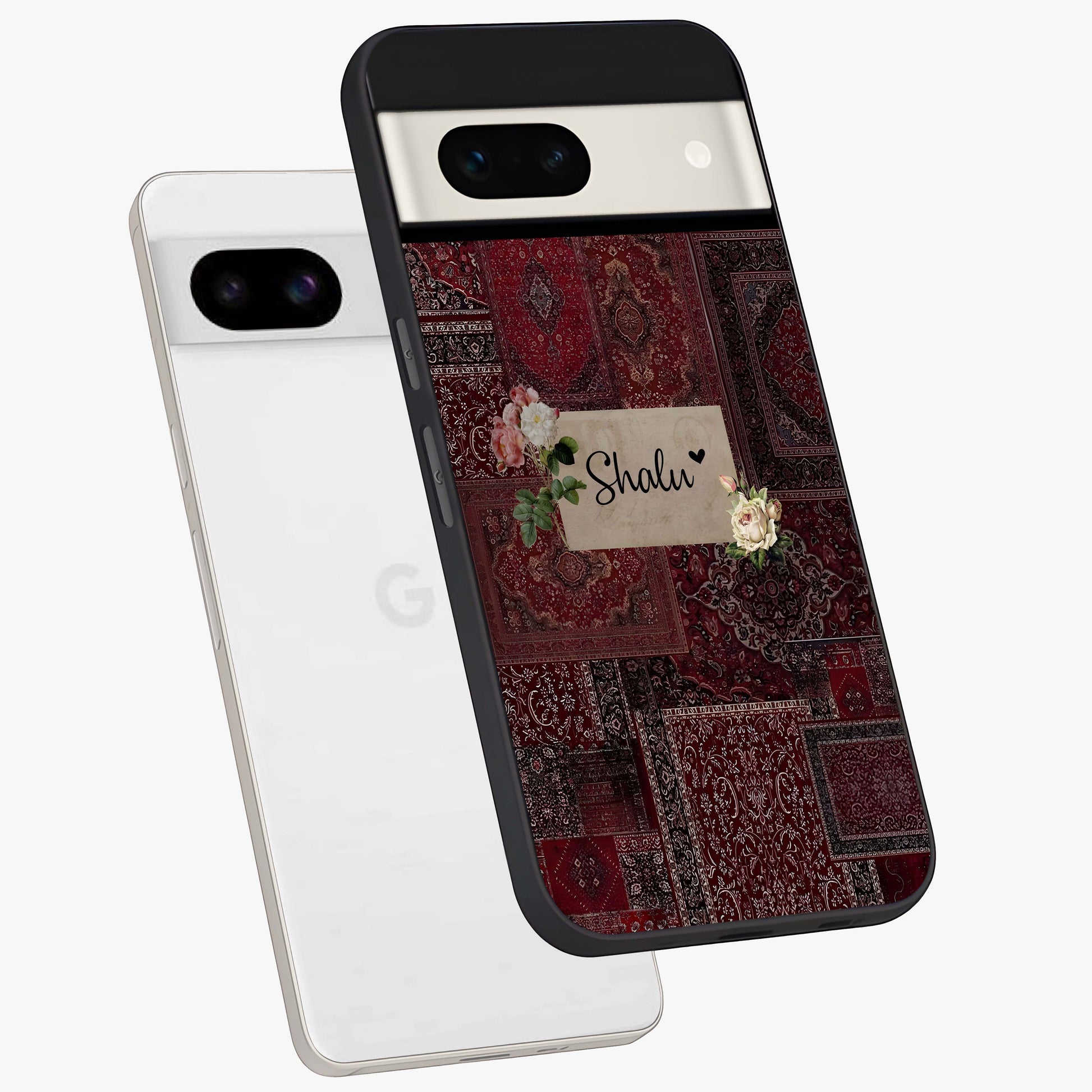 Velvet Wine Pattern Custom Name Glass Case displayed in angled mockup highlighting decorative velvet inspired design with custom name feature.
