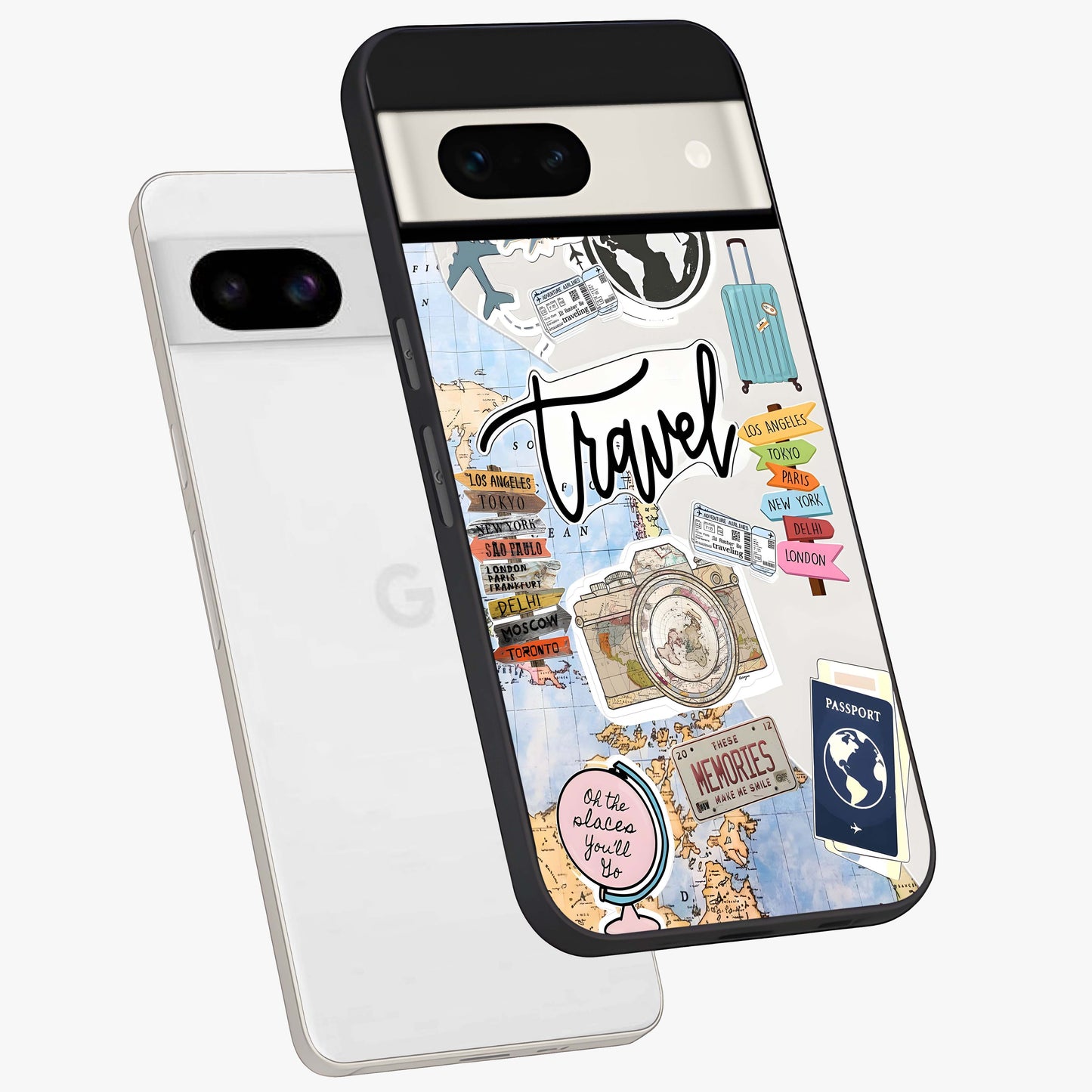 Wanderlust Journal Glass Case displayed in angled mockup highlighting adventure themed design with aesthetic travel vibe.