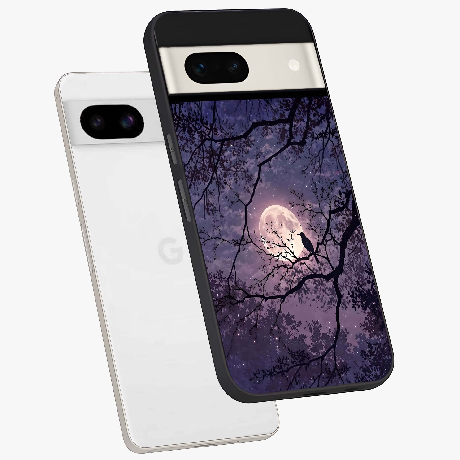 Whispering Moon Silence Glass Case displayed in angled mockup highlighting calm lunar design with dreamy night aesthetic.