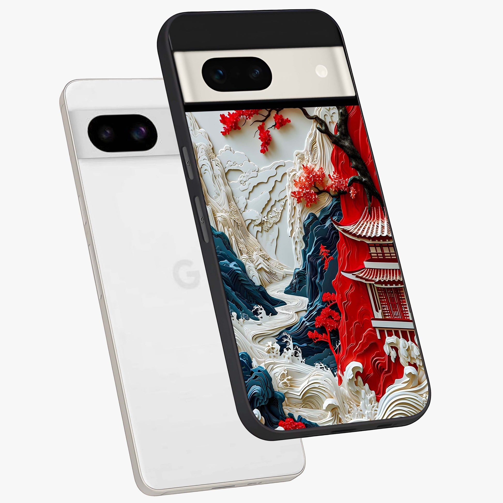 Whispers Of Sakura Waves Glass Case displayed in angled mockup highlighting flowing sakura design with soft floral aesthetic.
