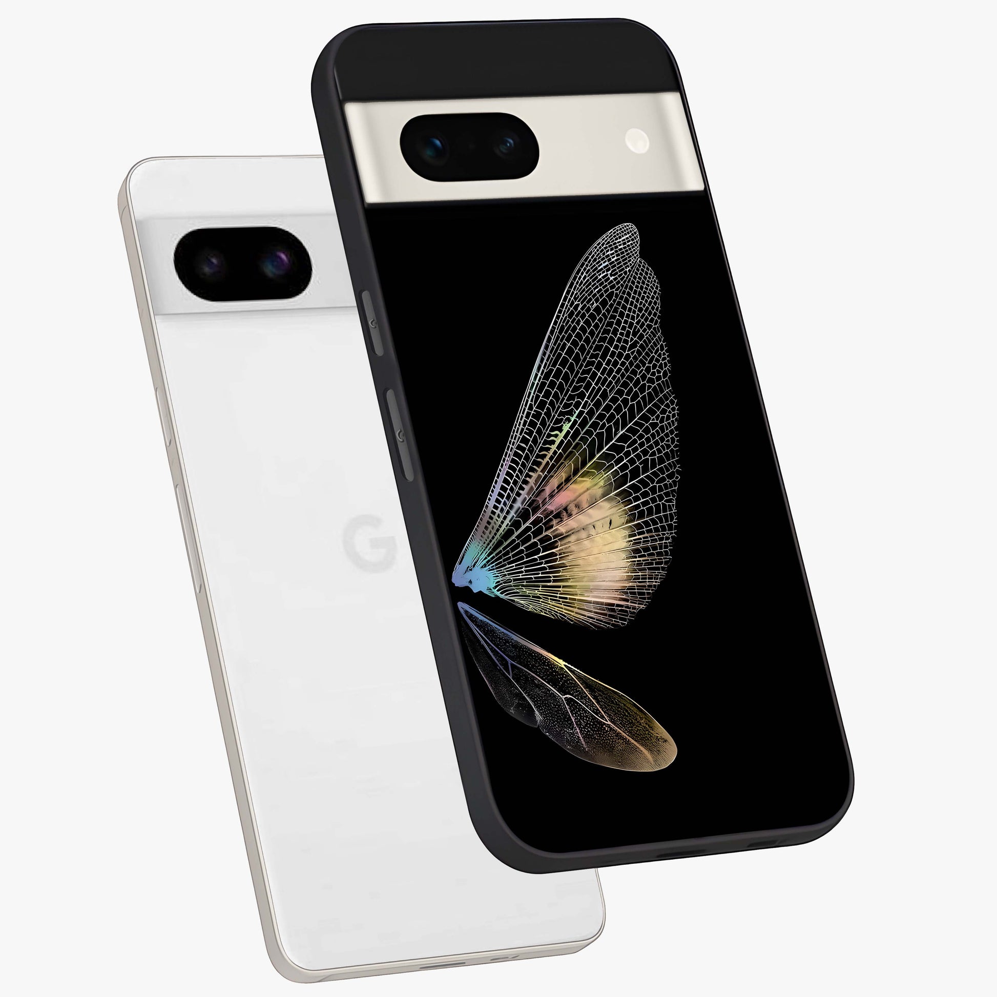 Whispers Of Wings Glass Case displayed in angled mockup highlighting soft feather design with celestial aesthetic style.