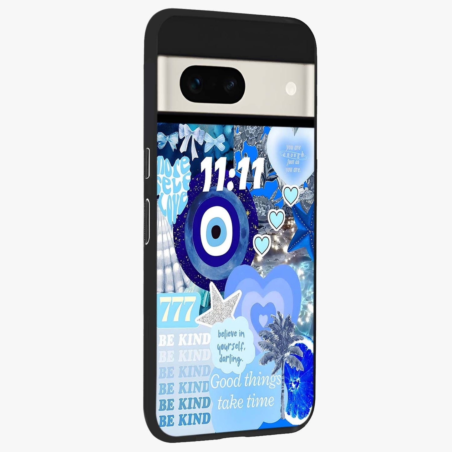 Aesthetic Be Kind Eye Glass Case upright view showcasing stylish eye illustration with positive message theme.