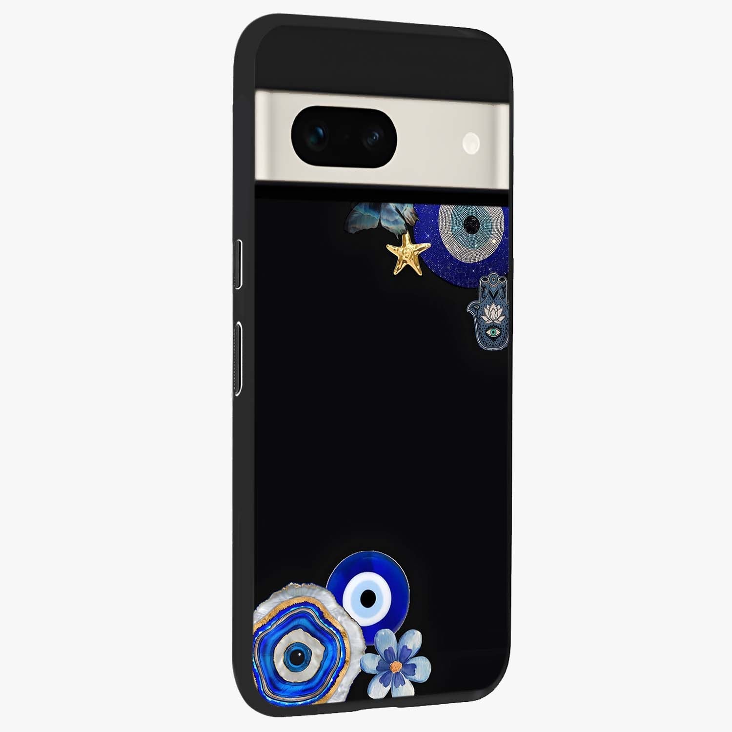 Aesthetic Blue Evil Eye Glass Case upright view showcasing mystical evil eye graphic with minimal aesthetic style.