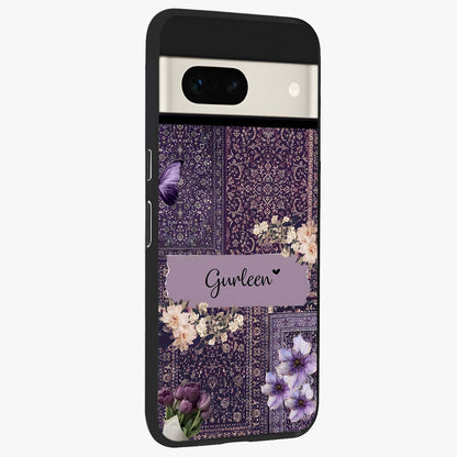 Antique Floral Whisper Custom Name Glass Case upright view showcasing delicate floral artwork with custom name feature.