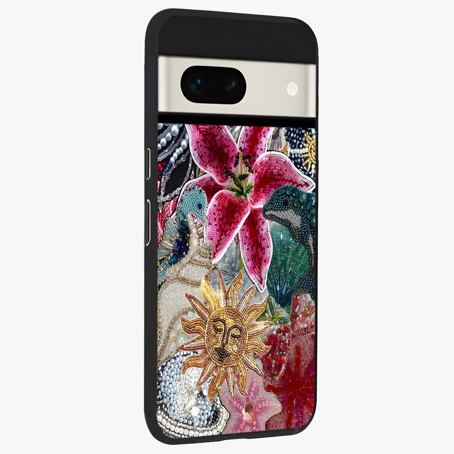 Beaded Garden Fantasy Glass Case upright view showcasing whimsical garden aesthetic with artistic bead details.