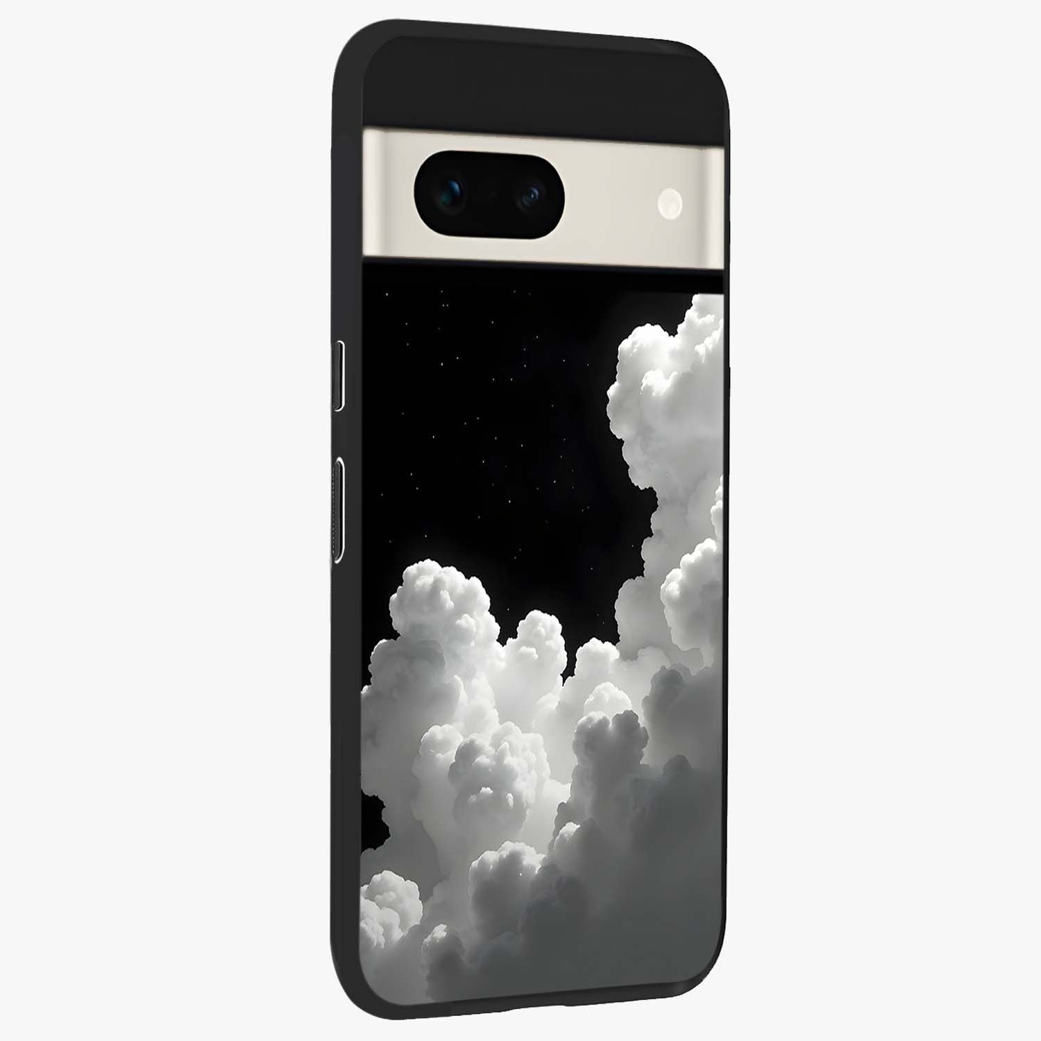 Black Background With White Cloud Glass Case upright view showcasing calm cloud aesthetic with modern minimal style.