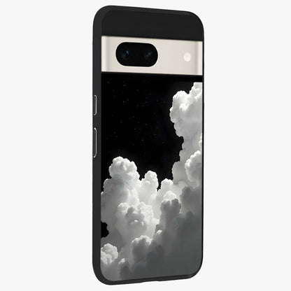 Black Background With White Cloud Glass Case upright view showcasing calm cloud aesthetic with modern minimal style.