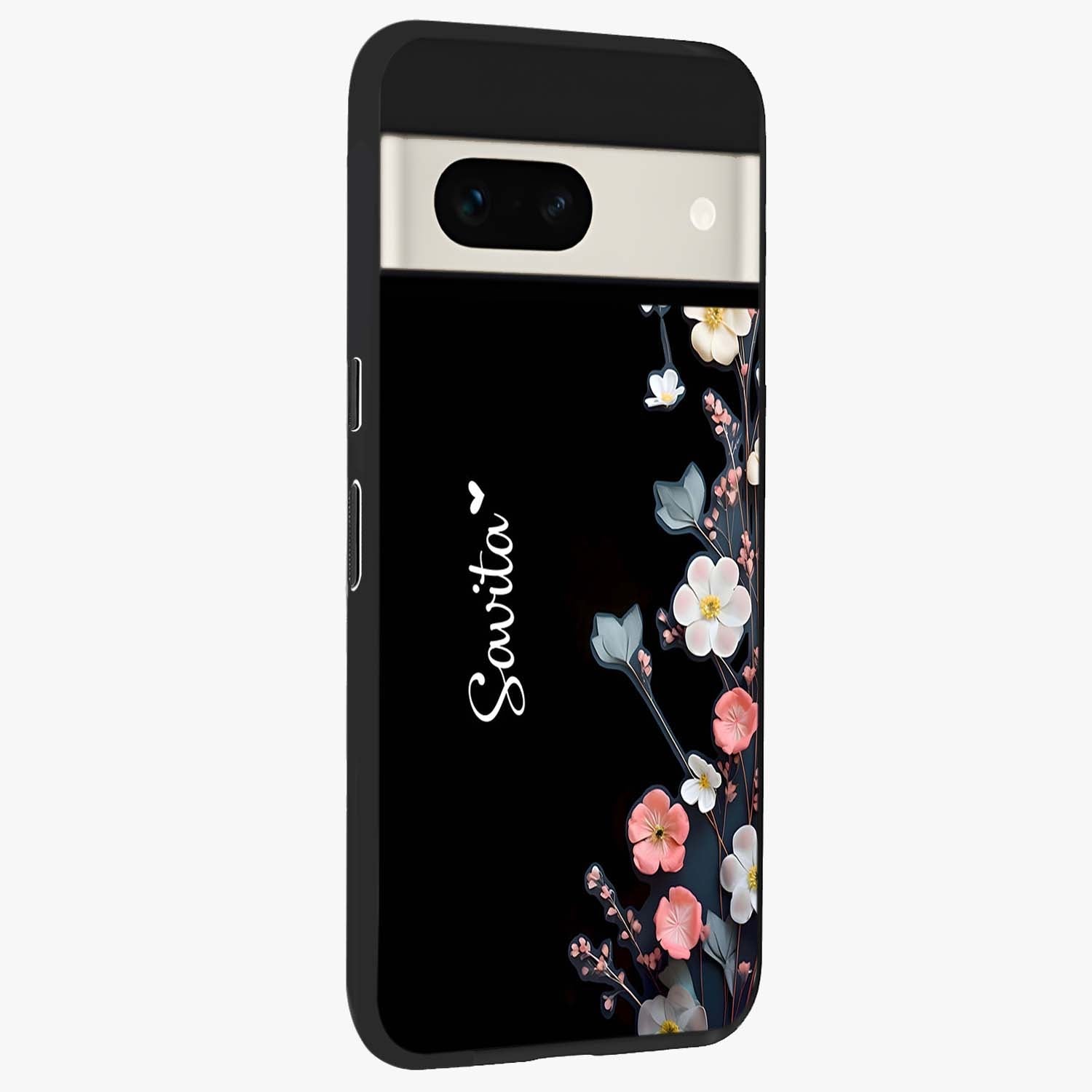 Black Elegance Floral Custom Name Glass Case upright view showcasing luxurious black floral design with personalized name detail.