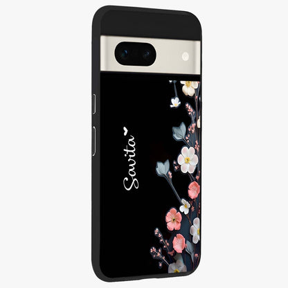Black Elegance Floral Custom Name Glass Case upright view showcasing luxurious black floral design with personalized name detail.