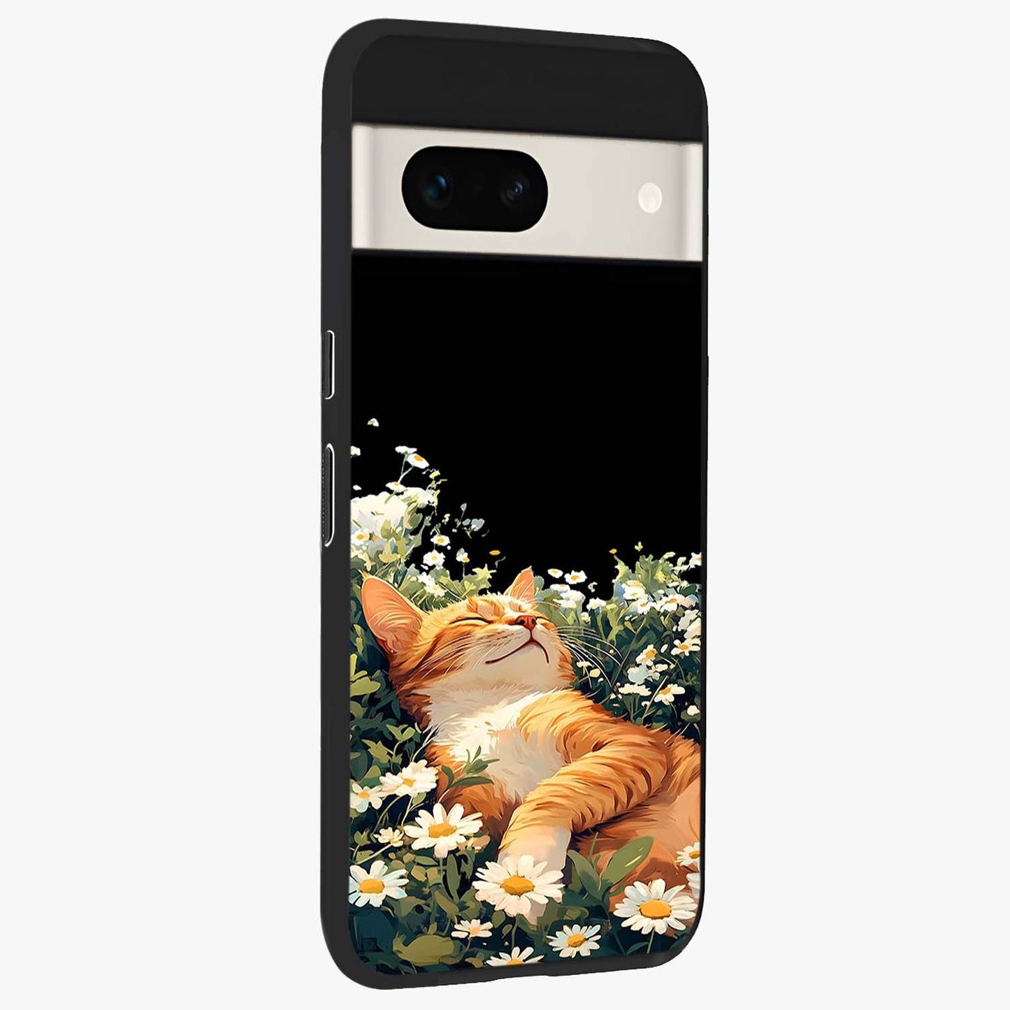 Blissful Bloom Cat Glass Case upright view showcasing charming cat design surrounded by blooming floral elements.