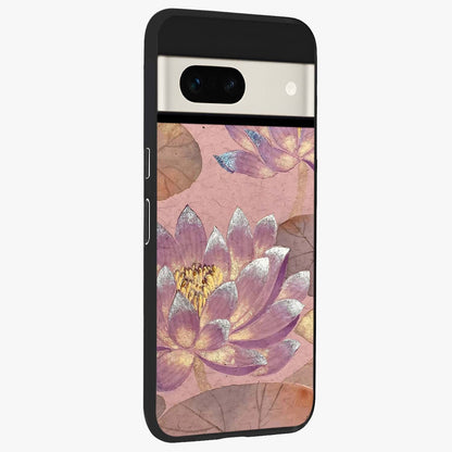 Blossom Mist Lotus Glass Case upright view showcasing graceful lotus flower design with peaceful botanical style.