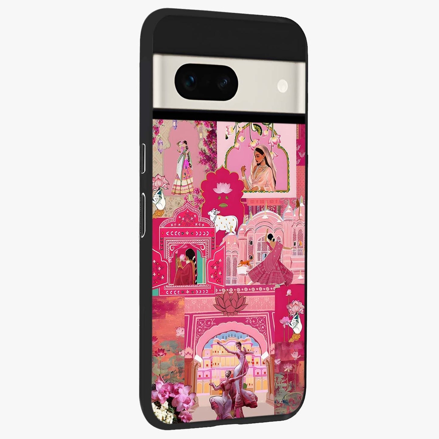 Blossoms of Rajasthan Glass Case upright view showcasing colorful floral design inspired by traditional Indian art.